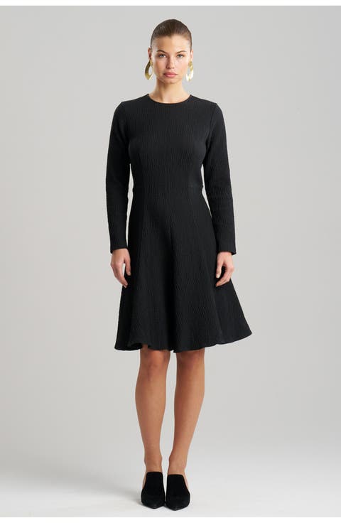 Textured Cotton Jacquard Fluted Hem Long Sleeve Midi Dress