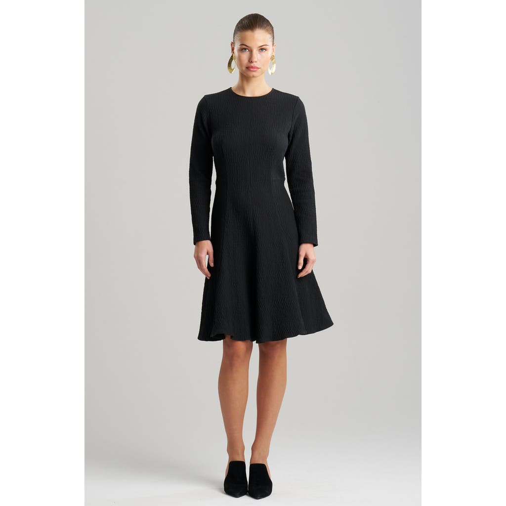 Natori Textured Cotton Jacquard Fluted Hem Long Sleeve Midi Dress In Black