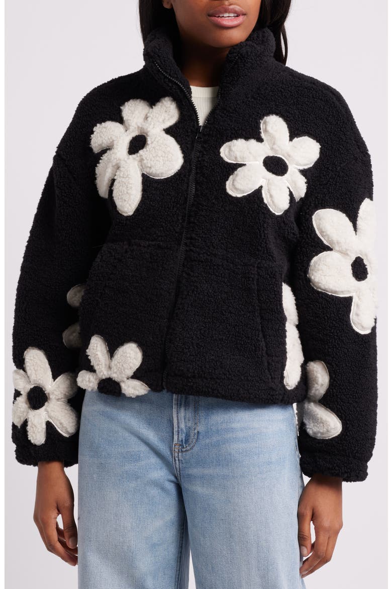 High Pile Fleece Floral Jacket, Alternate, color, BLACK