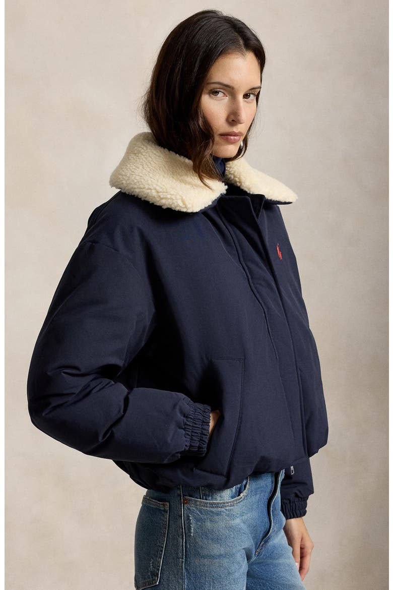 Matte Down Jacket with Faux Shearling Collar, Alternate, color, NAVY