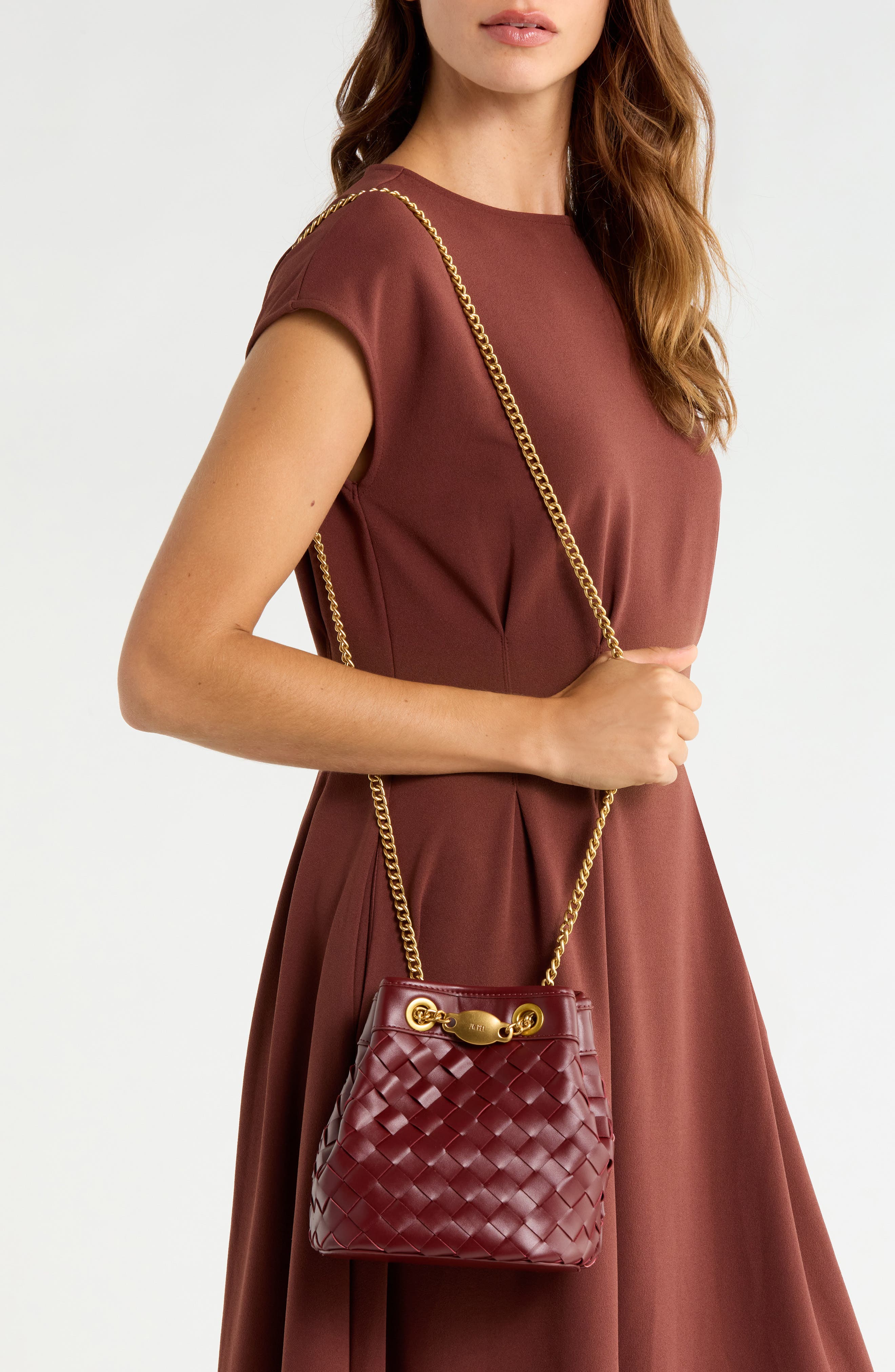 Yara Woven Faux Leather Bucket Bag, Alternate, color, BURGUNDY
