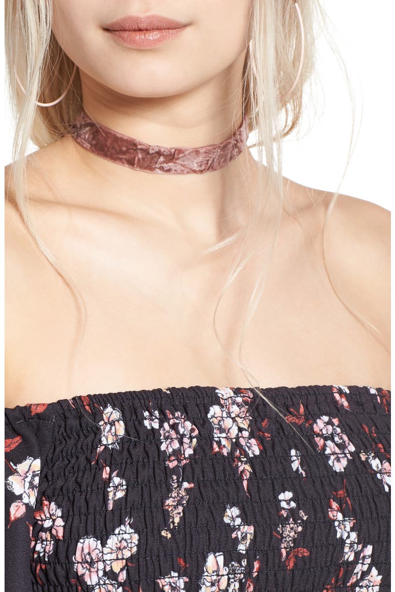 Smocked Off the Shoulder Maxi Dress, Alternate, color, BLACK FLORAL