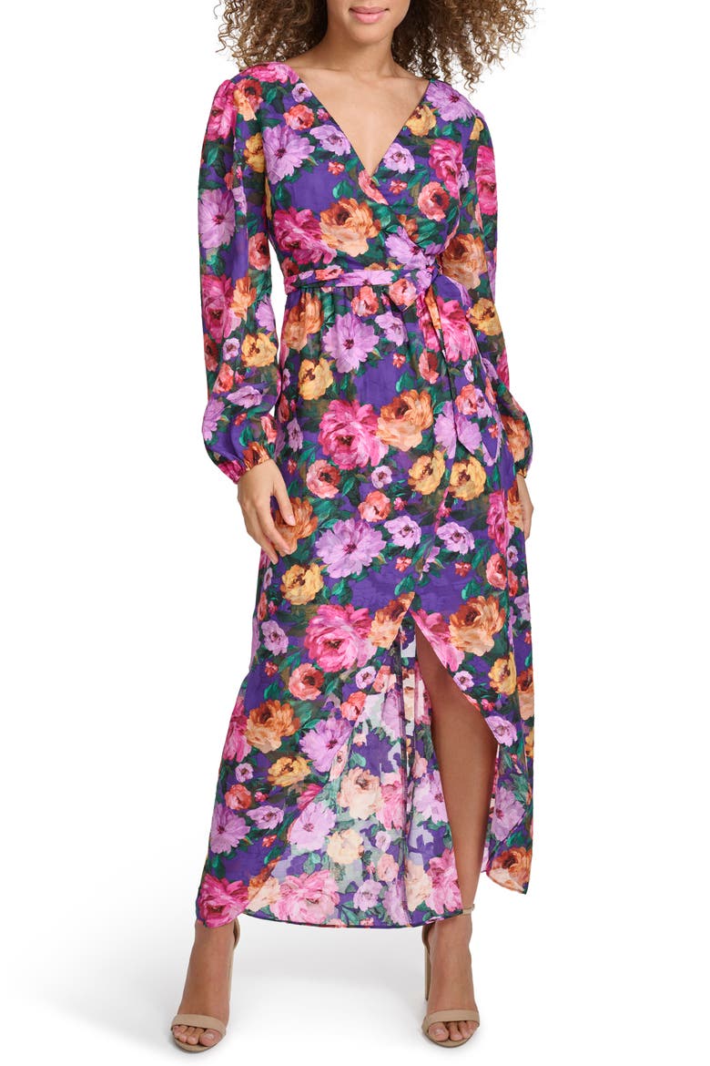 Long Sleeve Wrap Style Midi Dress, Main, color, PURPLE MULTI