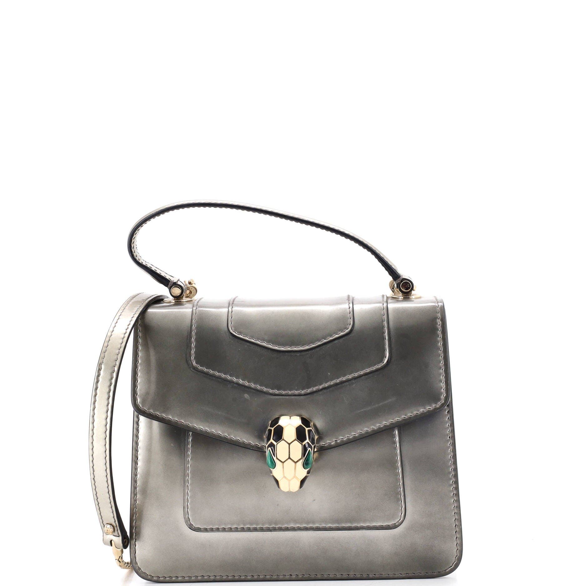 Serpenti Top Handle Bag Patent Small, Main, color, Metallic Silver