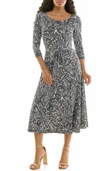 Nina Leonard Crewneck Three-Quarter Sleeve Midi Dress