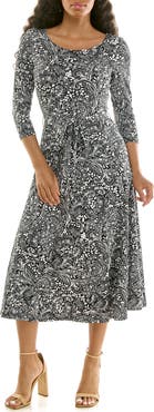 Nina Leonard Crewneck Three-Quarter Sleeve Midi Dress