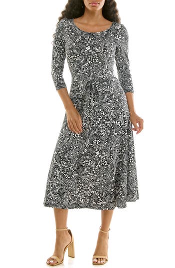 Nina Leonard Crewneck Three-quarter Sleeve Midi Dress In Black/white Mix