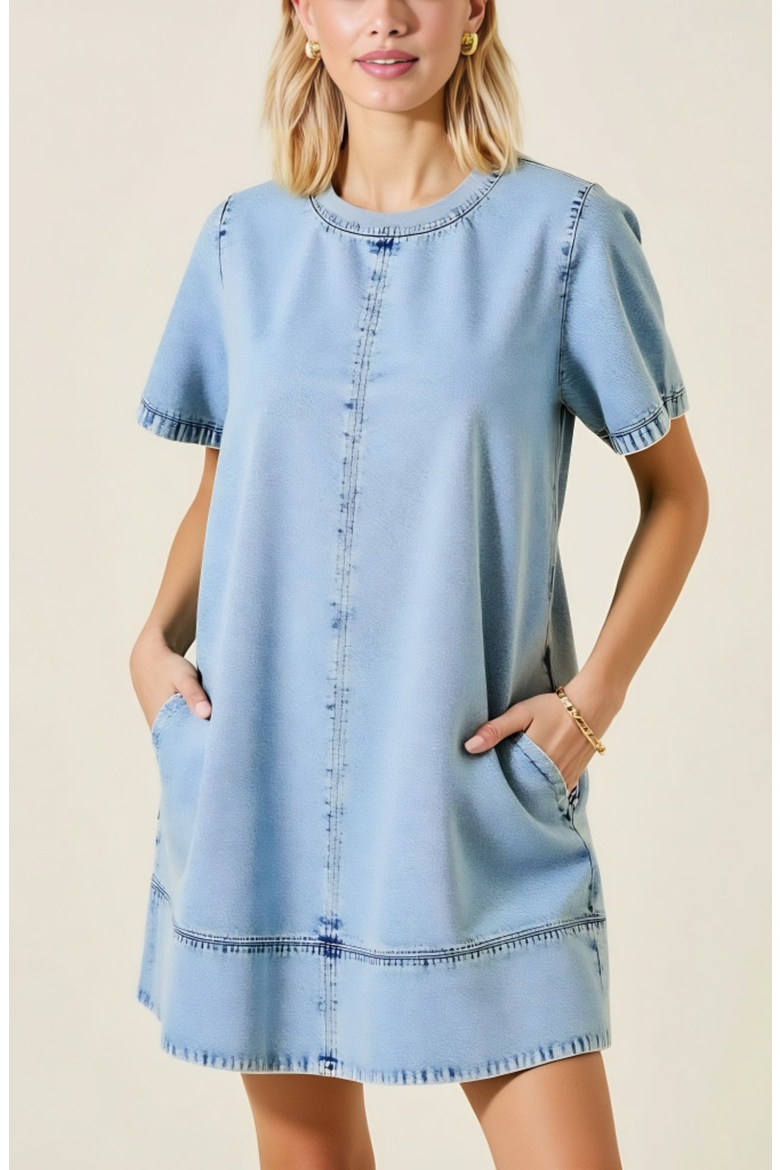 Denim Mini Dress with Pockets, Alternate, color, Light Blue