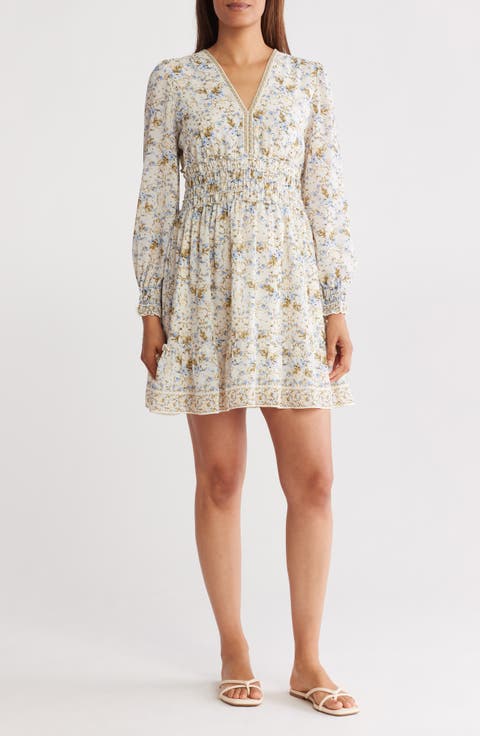 Long Sleeve Smocked Georgette Minidress