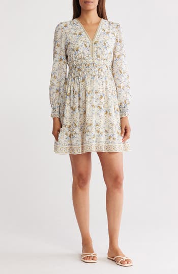 Max Studio Long Sleeve Smocked Georgette Minidress In Cream/blue Blm Interlace