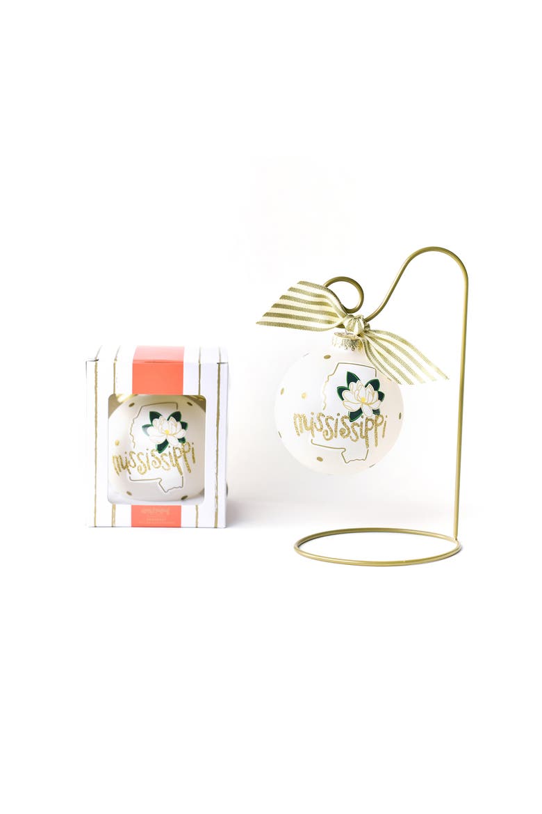 Mississippi Motif Glass Ornament & Gold Swirl Stand, Main, color, Green