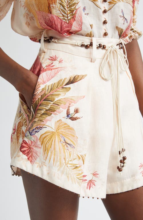 Zimmermann Ascension Belted Bead-embellished Floral-print Linen Shorts