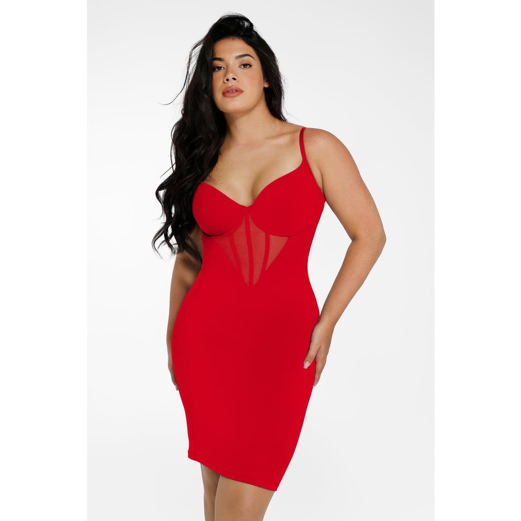 Popilush Shapewear Mesh Corset Panel Built-in Sculpting Midi Dress In Bright Red
