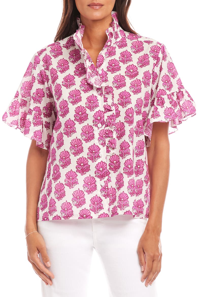 Floral Ruffle Accent Cotton Button-Up Shirt, Main, color, PINK PRINT