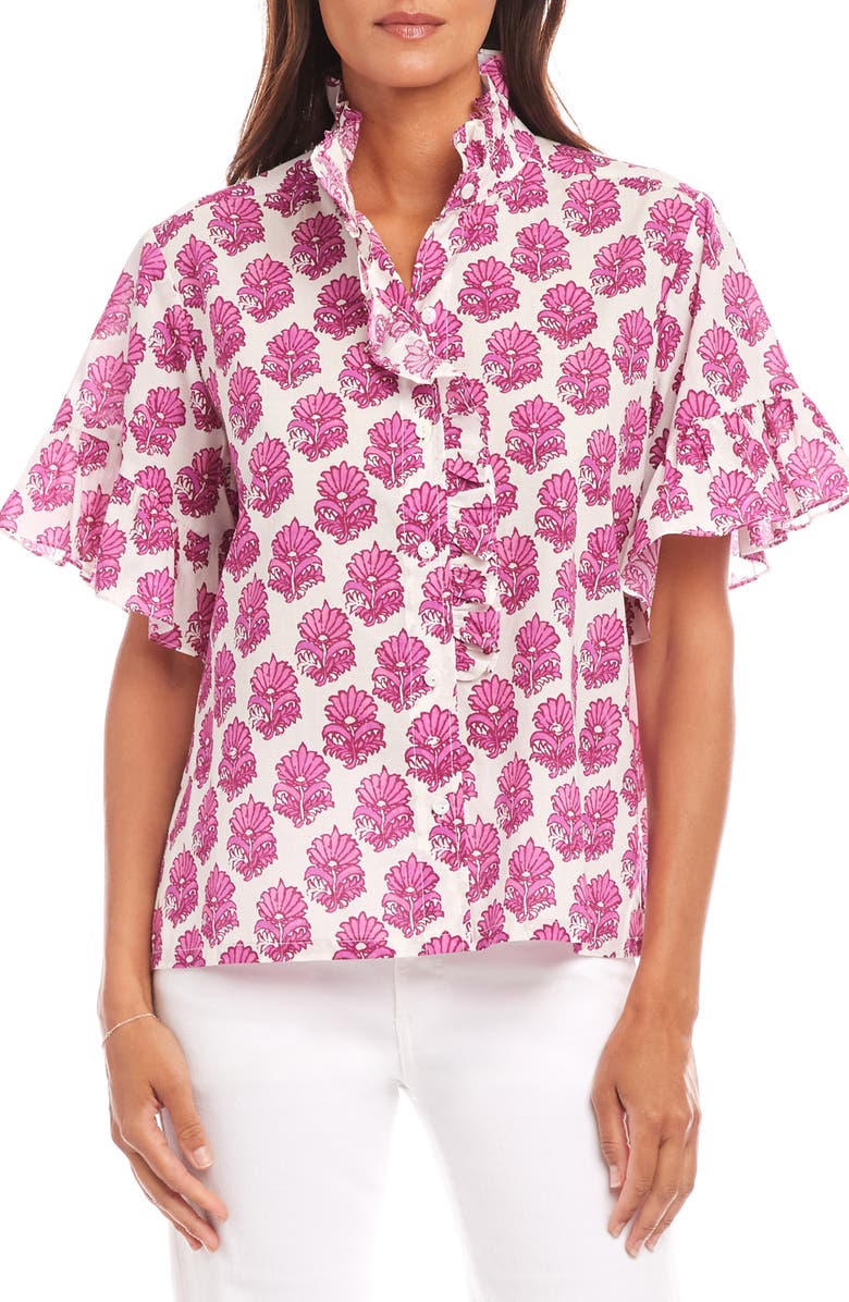 Karen Kane Floral Ruffle Accent Cotton Button-Up Shirt, Main, color, Pink Print