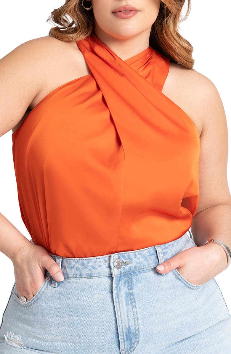 ELOQUII Twist Neck Satin Top, Main, color, 