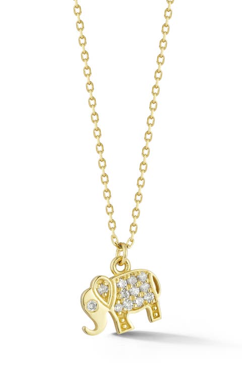 14K Gold Pavé Diamond Elephant Pendant Necklace - 0.09ct.