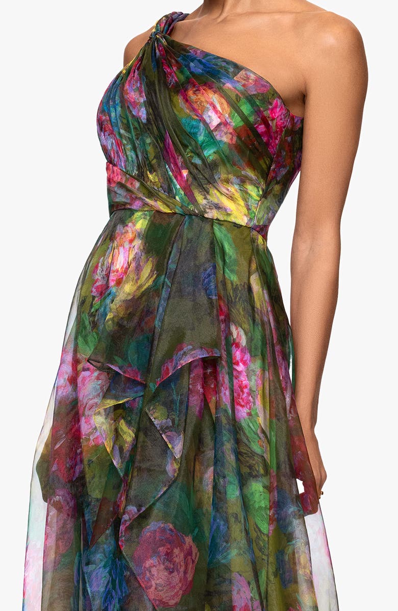 Xscape Evenings One-Shoulder Floral Organza Gown, Alternate, color, Green/ Multi