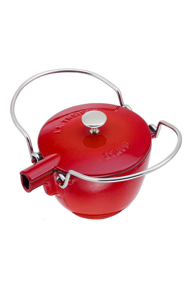 1-Quart Enameled Cast Iron Tea Kettle, Alternate, color, CHERRY