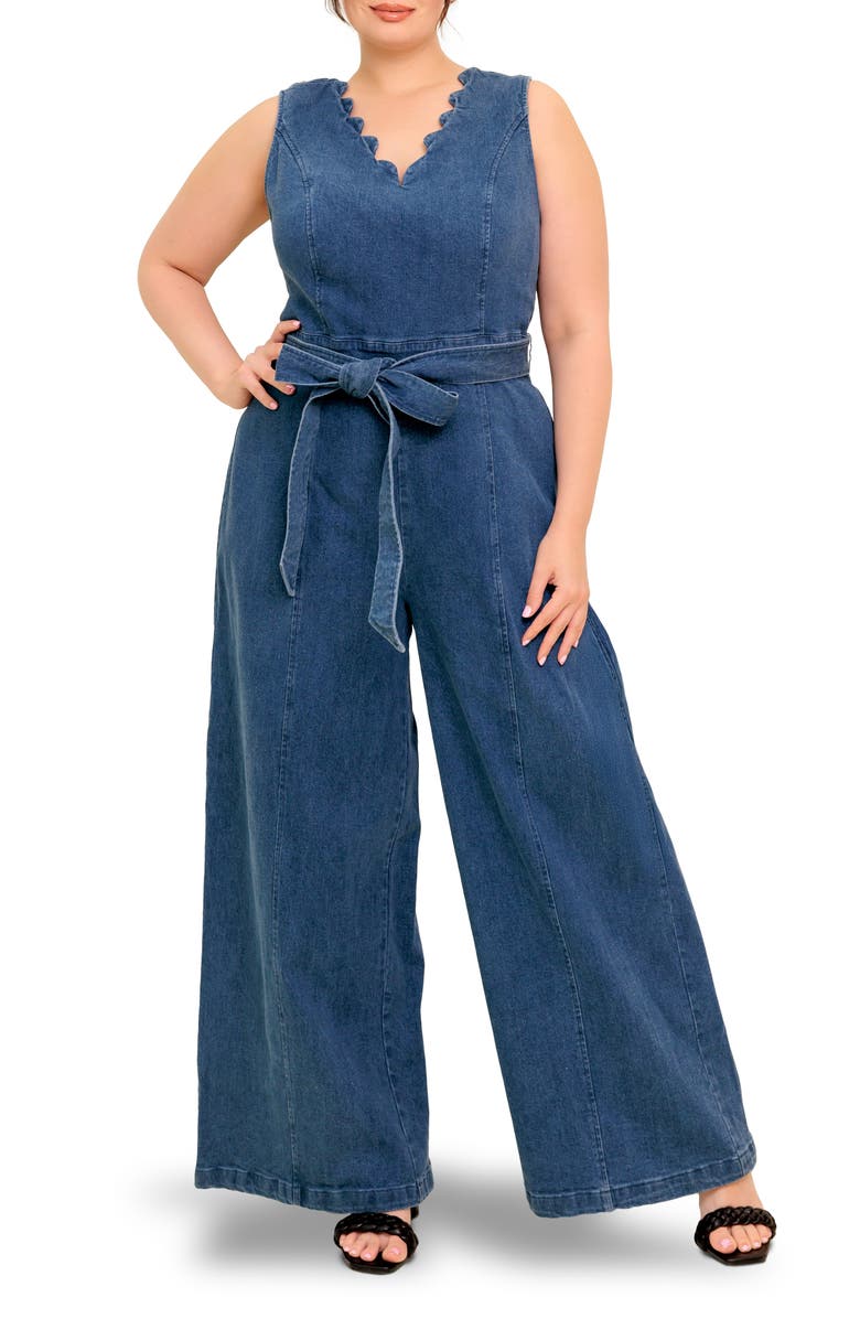 FLYING TOMATO Scallop Neck Denim Jumpsuit, Main, color, Medium Indigo
