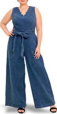 FLYING TOMATO Scallop Neck Denim Jumpsuit