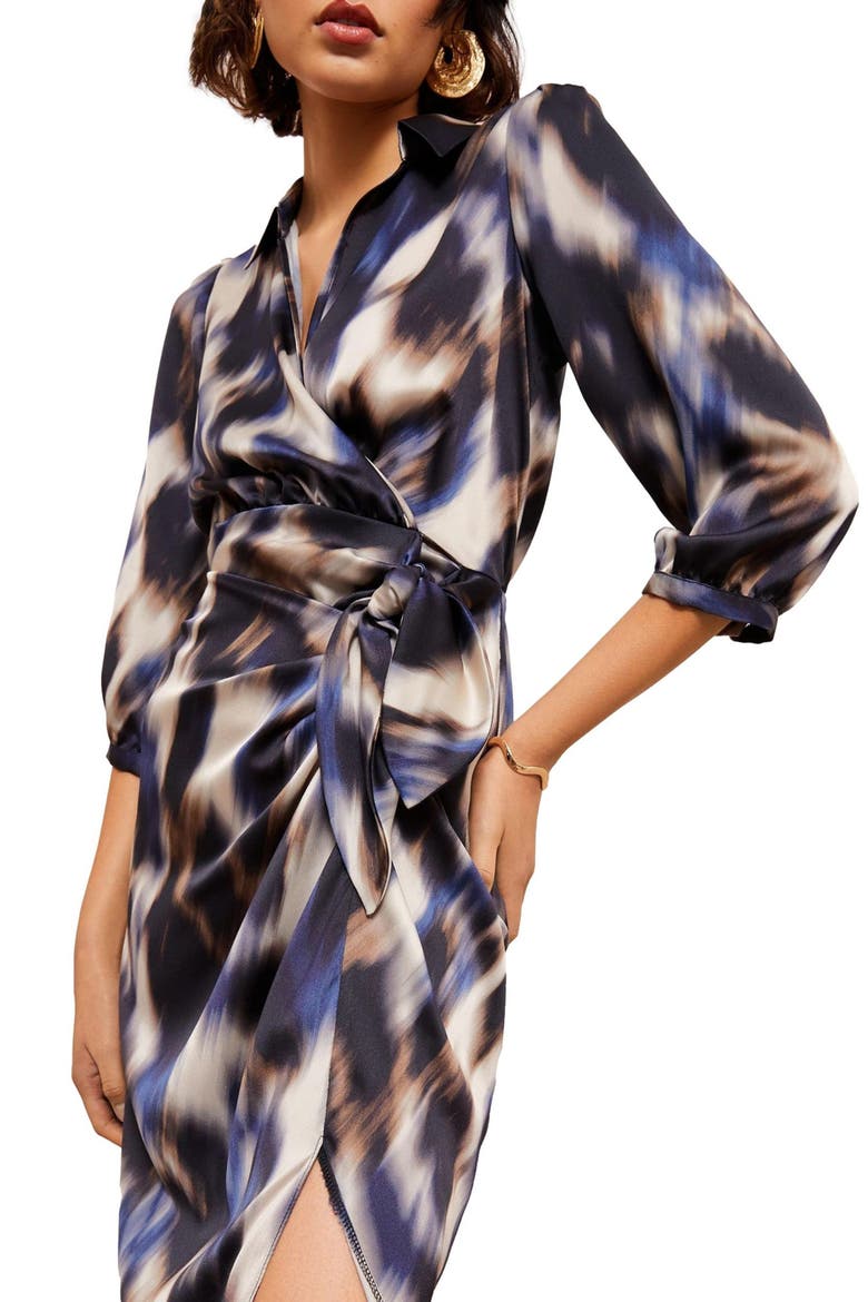 Abstract Print Satin Wrap Midi Dress, Alternate, color, BLUE