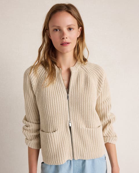 Cotton Blend Shaker Stitch Bomber Jacket