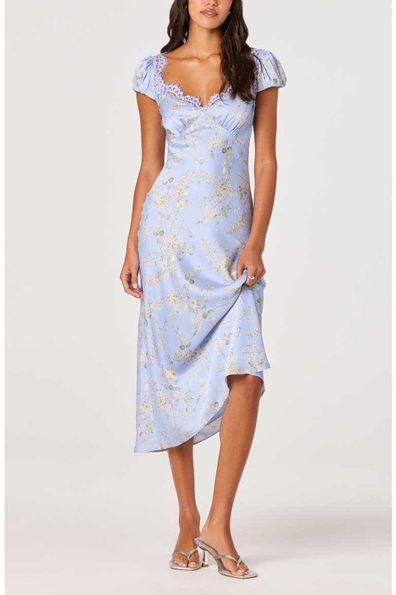 Makaela Floral Satin Midi Dress, Alternate, color, BLUE FLORAL