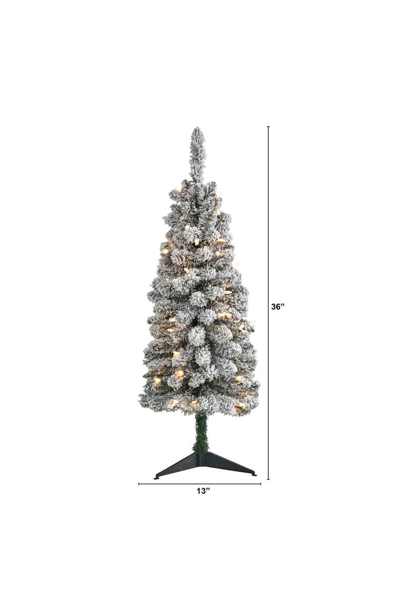 NEARLY NATURAL 3-ft Flocked Pencil Artificial Christmas Tree with 50 Clear Lights and 132 Bendable Branches, Alternate, color, White