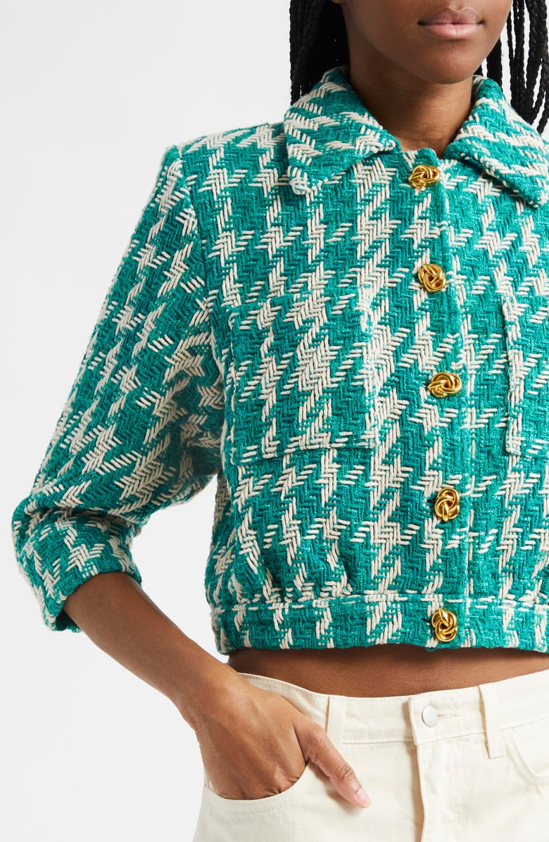 L'AGENCE Jia Houndstooth Tweed Crop Jacket, Alternate, color, White/ Teal Houndstooth