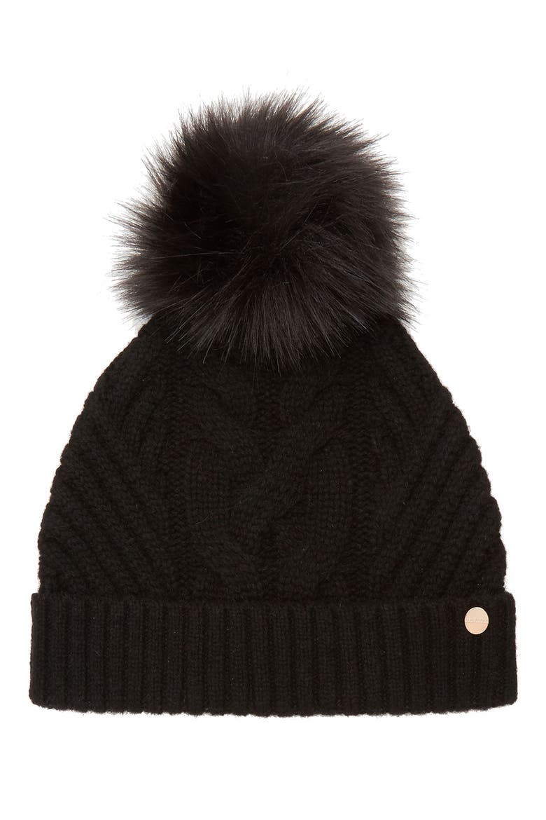 Cable Knit Beanie with Faux Fur Pom, Main, color, BLACK