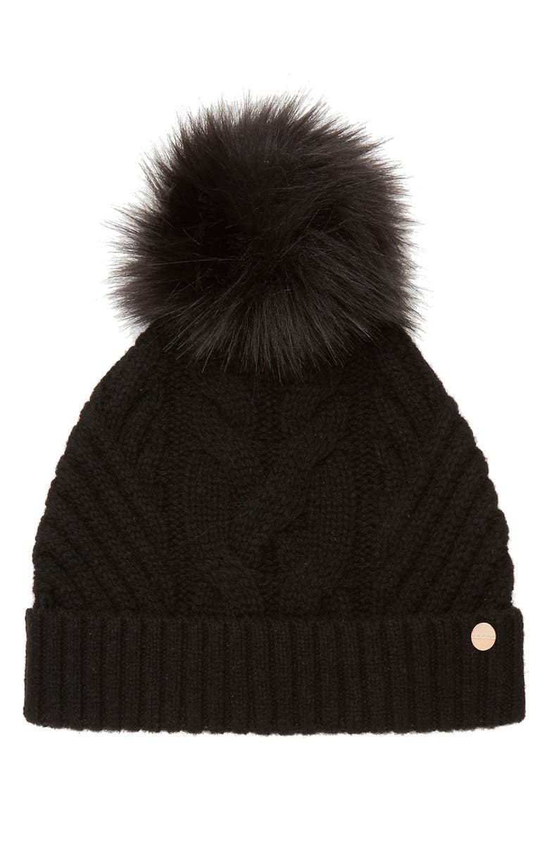 Ted Baker London Cable Knit Beanie with Faux Fur Pom, Main, color,