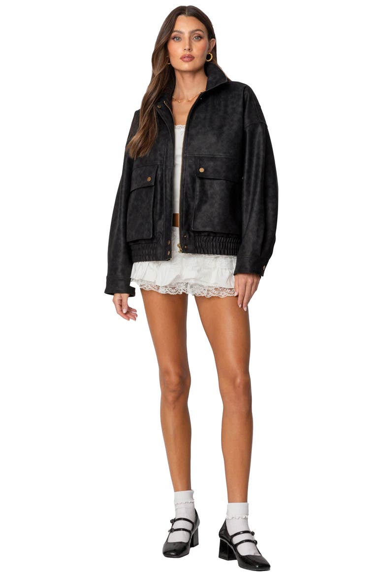 Faux Leather Bomber Jacket, Alternate, color, BLACK
