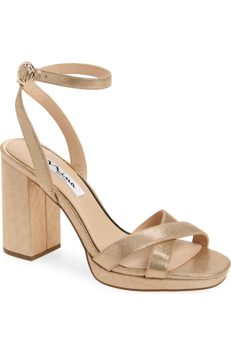 Nina Sheilia Ankle Strap Sandal, Main, color, Taupe Reflective Suedette