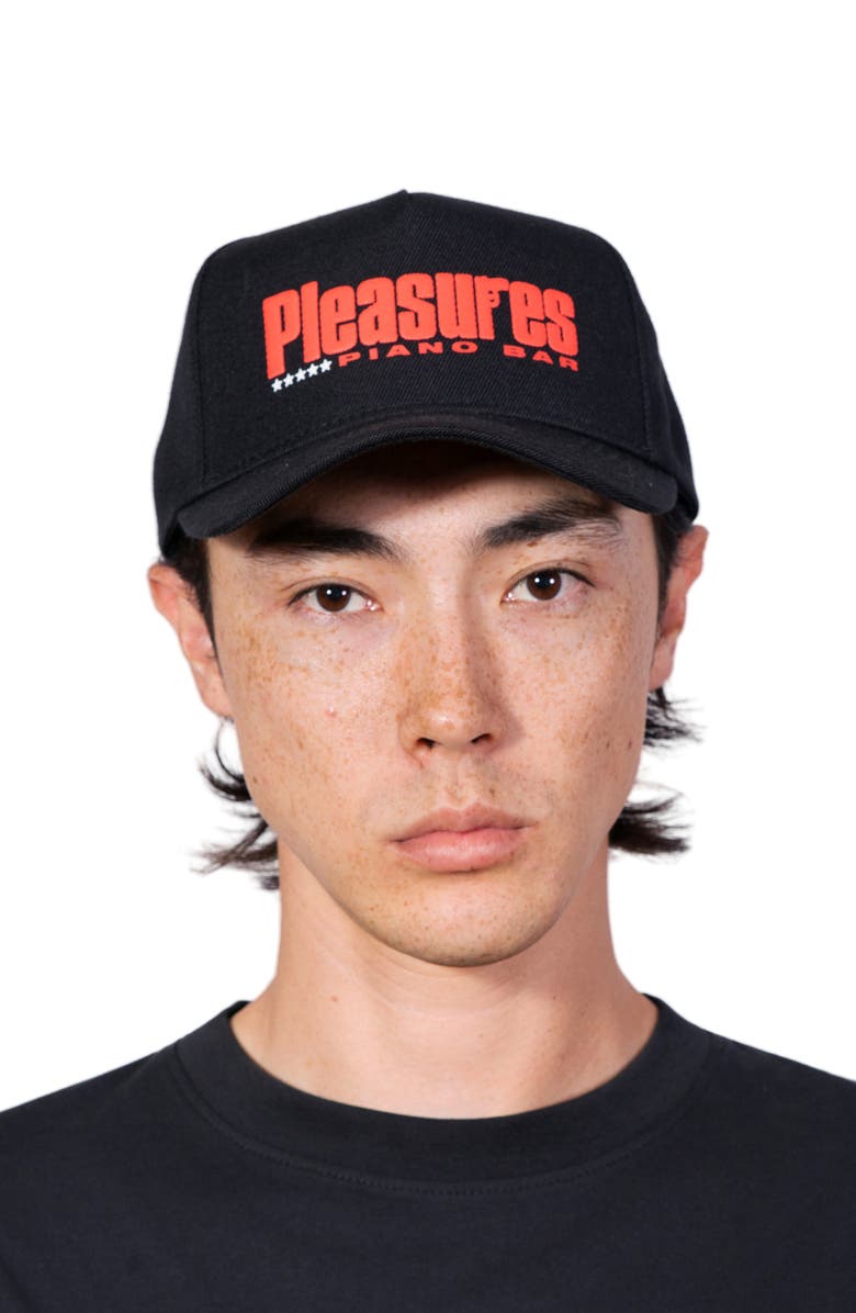 PLEASURES Piano Bar Snapback Cotton Twill Trucker Hat, Alternate, color, Black