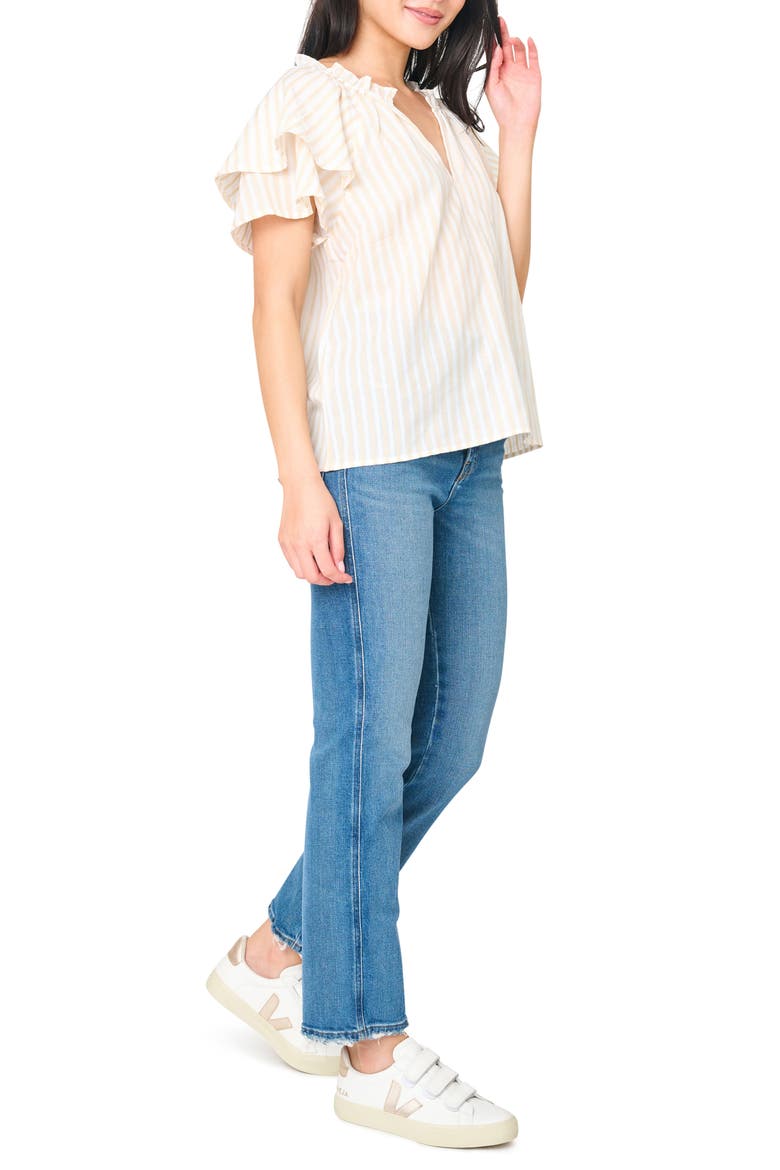 On the Daily Stripe Double Flutter Sleeve Top, Alternate, color, TAN STRIPE