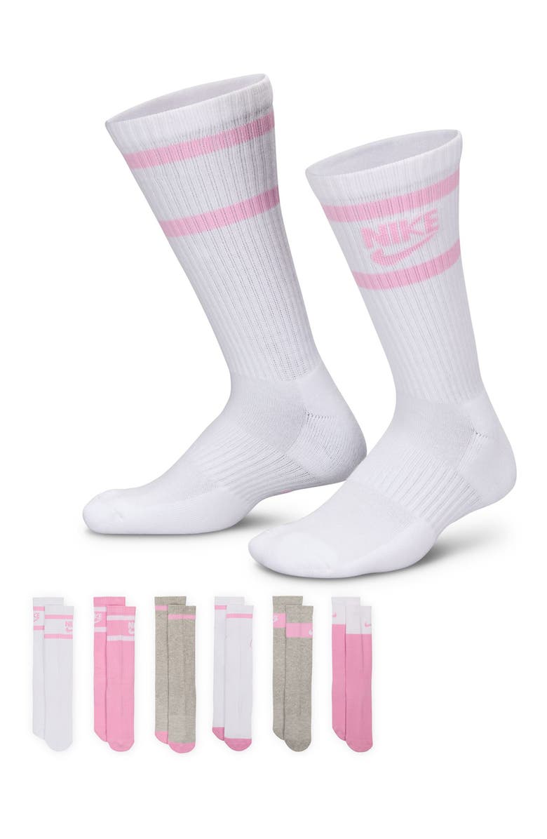 Nike Kids' Pack of 6 Everyday Cushioned Crew Socks, Alternate, color, Pink Multi Color