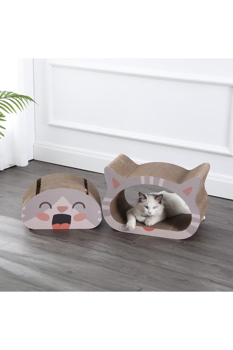 Opal Modern Cardboard Happy Cat Head 2-in-1 Cat Cave Scratcher with Built-In Bell Toys and Catnip, Alternate, color, Muted Pink/Cream