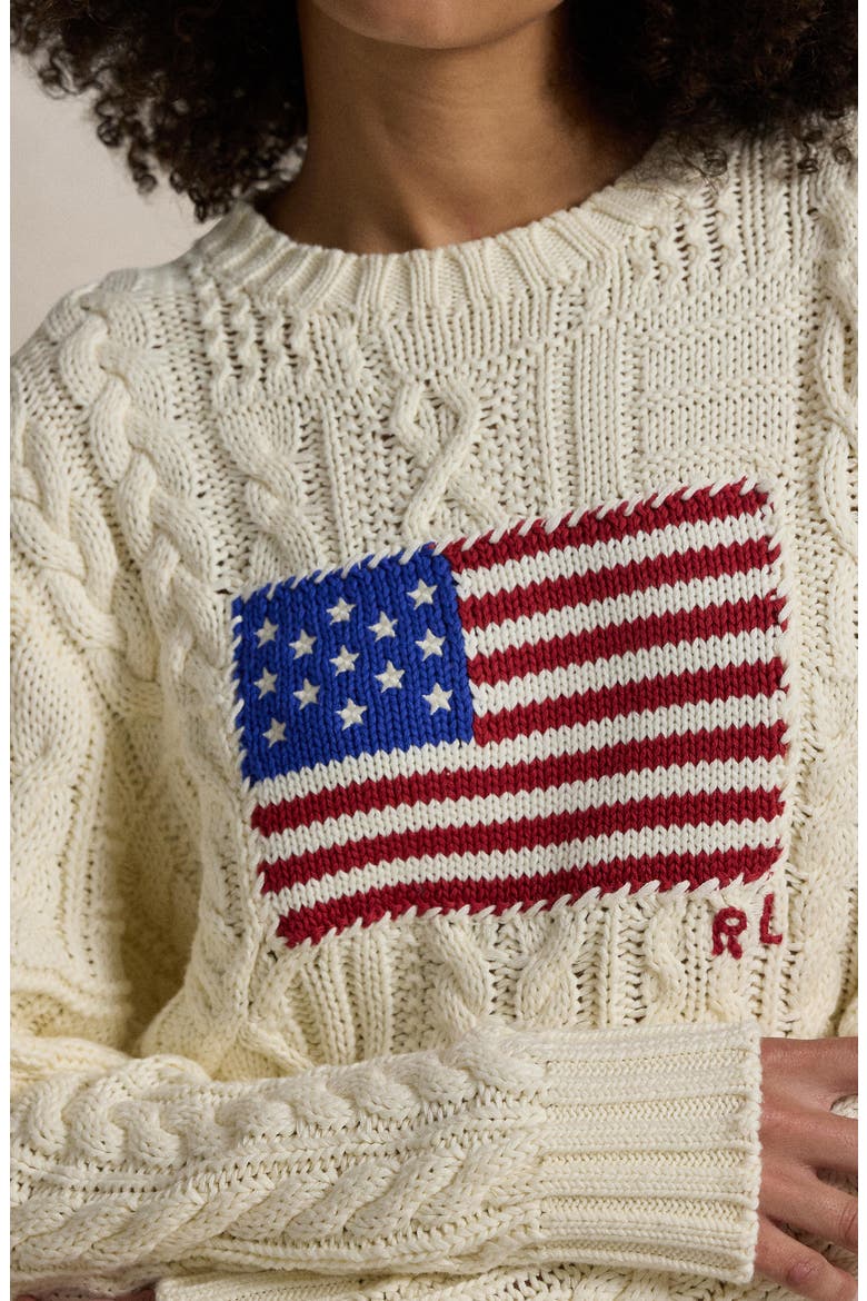 Aran Stitch American Flag Cotton Crewneck Sweater, Alternate, color, CREAM