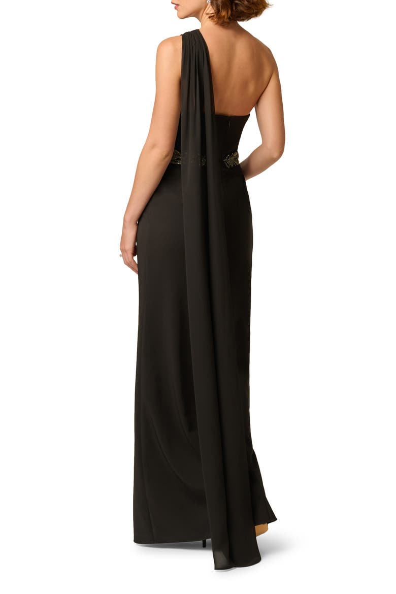 Bead Detail One-Shoulder Stretch Crepe Gown, Alternate, color, BLACK