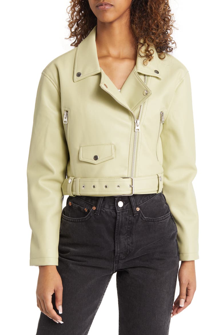 Faux Leather Biker Jacket, Alternate, color, LIGHT GREEN