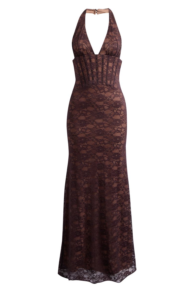 Saskia Lace Maxi Halter Dress, Main, color, CHOCOLATE BROWN
