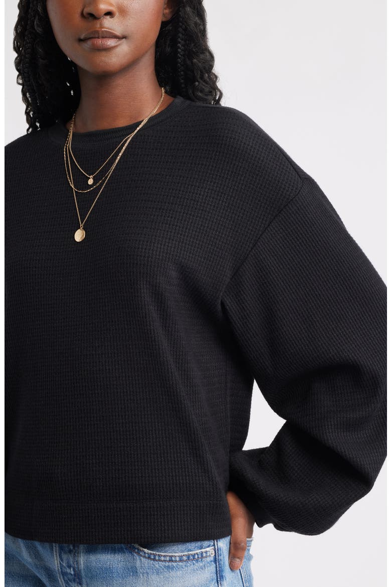 Blouson Sleeve Waffle Knit Top, Alternate, color, BLACK