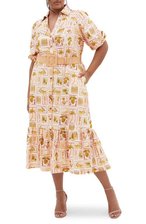 City Chic Anna Print Button-up Shirtdress In Cool Tropics