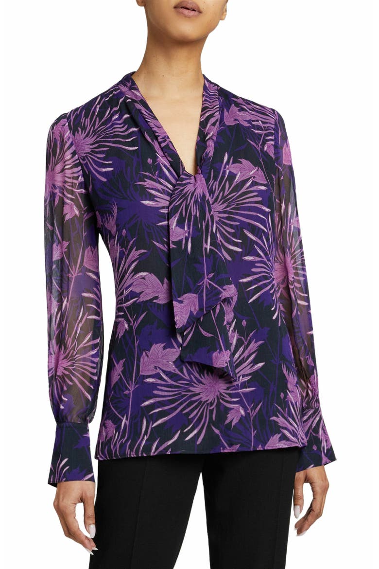 Francis Blouse with Neck Tie in Abstract Floral Crinkled Georgette, Main, color, COOL PURPLE