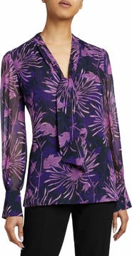 Santorelli Francis Blouse with Neck Tie in Abstract Floral Crinkled Georgette