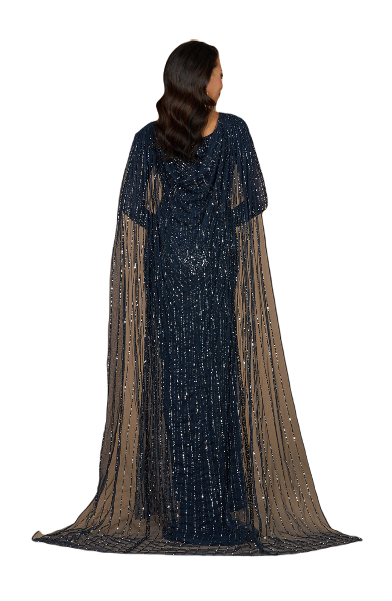 LARA New York Long Sleeve Beaded Gown with Cape, Alternate, color, Navy