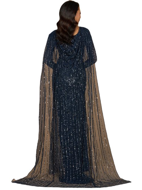 Lara New York Long Sleeve Beaded Gown With Cape In Navy