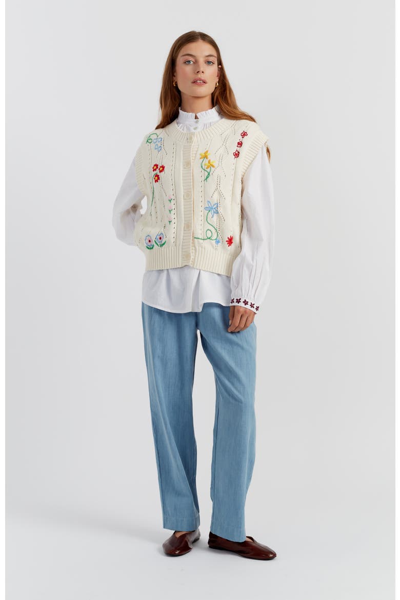 Hand-Embroidered Floral Cotton Tank Top, Alternate, color, Cream