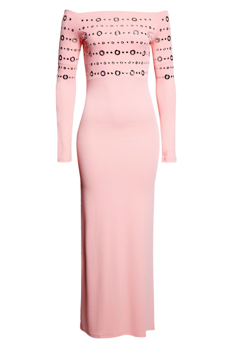 Embellished Off the Shoulder Long Sleeve Jersey Dress, Alternate, color, FLUO PINK
